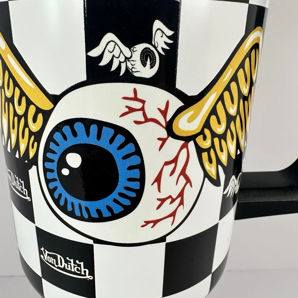 Von Dutch Checker Eyeball Wings 40 oz Tumbler With Handle Straw NWT